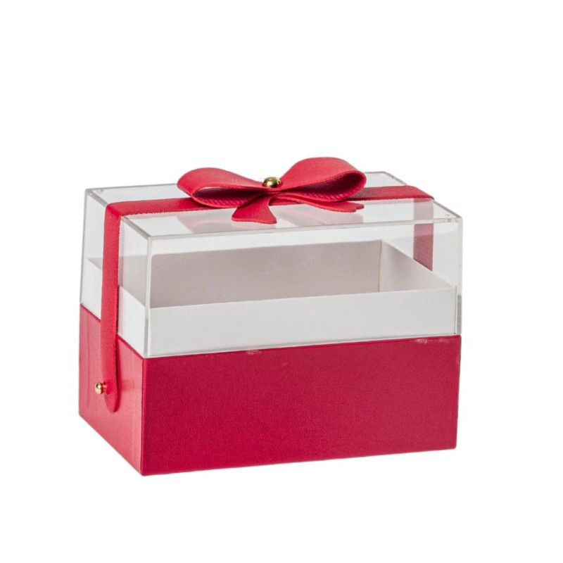 Boîte cadeau rectangulaire rouge en plexiglas avec nœud 14 x 9 H.10 cm - grossiste en boîtes à roses