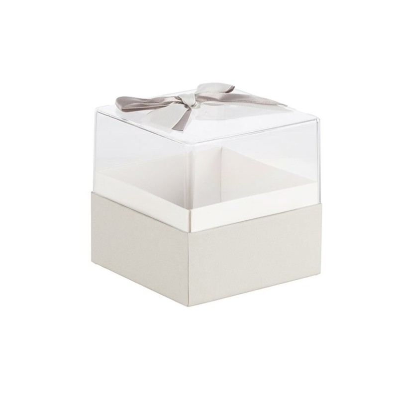 Boîte carrée en plexiglas avec nœud satin gris 11 5 x 11 5 H.11 5 cm - grossiste en boîtes à fleurs