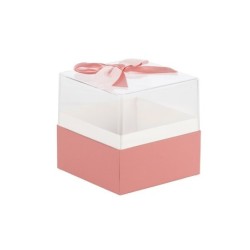 Boîte carrée en plexiglas avec nœud satin rose 11 5 x 11 5 H.11 5 cm - grossiste en boîtes à fleurs