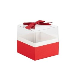 Boîte carrée en plexiglas avec nœud satin rouge 11 5 x 11 5 H.11 5 cm - grossiste en boîtes à fleurs