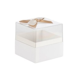 Boîte carrée en plexiglas avec nœud satin blanc 11 5 x 11 5 H.11 5 cm - grossiste en boîtes à fleurs