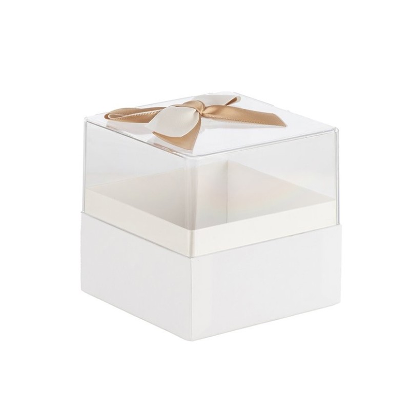 Boîte carrée en plexiglas avec nœud satin blanc 11 5 x 11 5 H.11 5 cm - grossiste en boîtes à fleurs