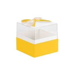 Boîte carrée en plexiglas avec nœud satin jaune 11 5 x 11 5 H.11 5 cm - grossiste en boîtes à fleurs