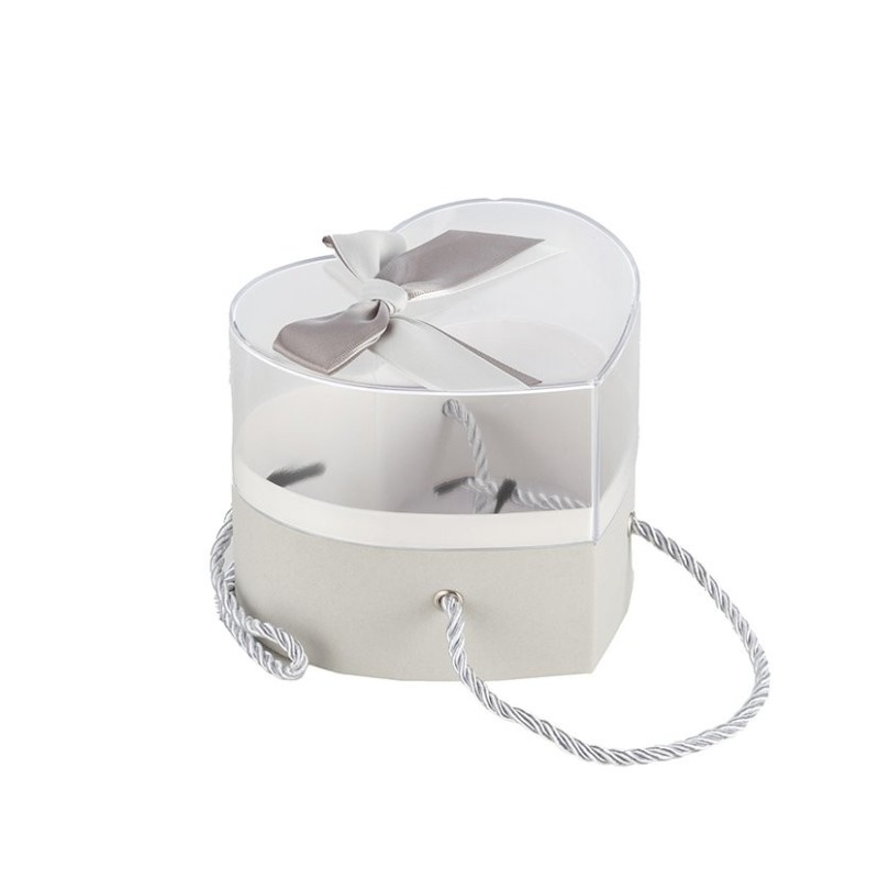 Boîte cœur en plexiglas avec nœud satin gris Ø12 5 H.11 5 cm - grossiste en boîtes à fleurs