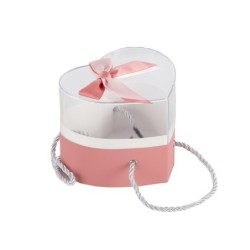 Boîte cœur en plexiglas avec nœud satin rose Ø12 5 H.11 5 cm - grossiste en boîtes à fleurs