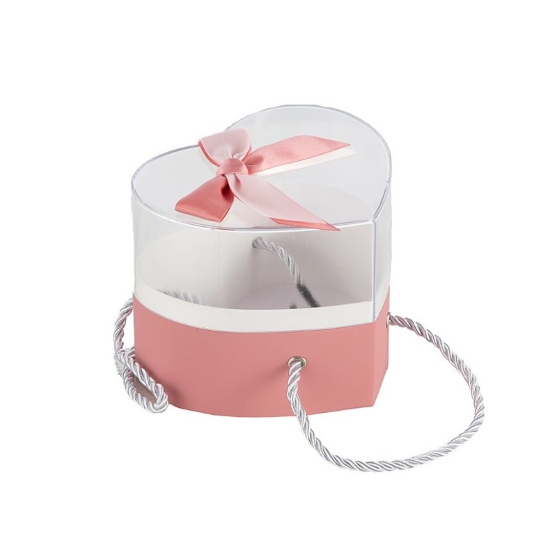 Boîte cœur en plexiglas avec nœud satin rose Ø12 5 H.11 5 cm - grossiste en boîtes à fleurs