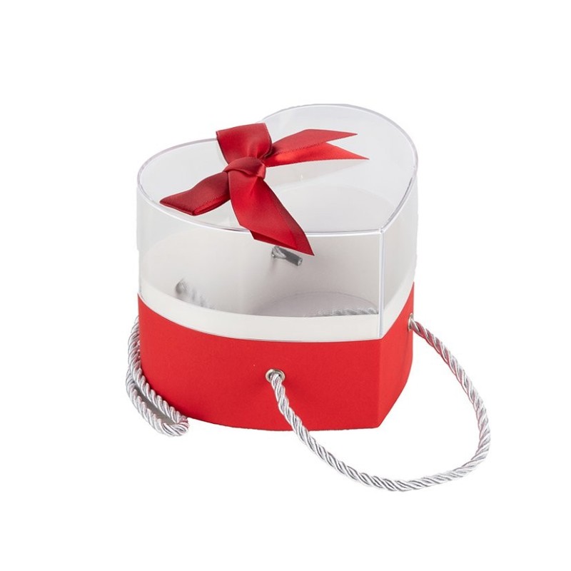 Boîte cœur en plexiglas avec nœud satin rouge Ø12 5 H.11 5 cm - grossiste en boîtes à fleurs