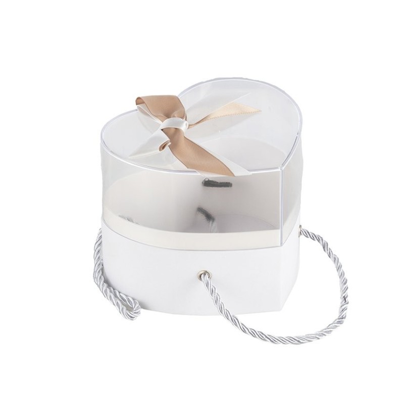 Boîte cœur en plexiglas avec nœud satin blanc Ø12 5 H.11 5 cm - grossiste en boîtes à fleurs