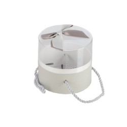 Boîte ronde en plexiglas avec nœud satin gris Ø12 5 H.11 5 cm - grossiste en boîtes à fleurs