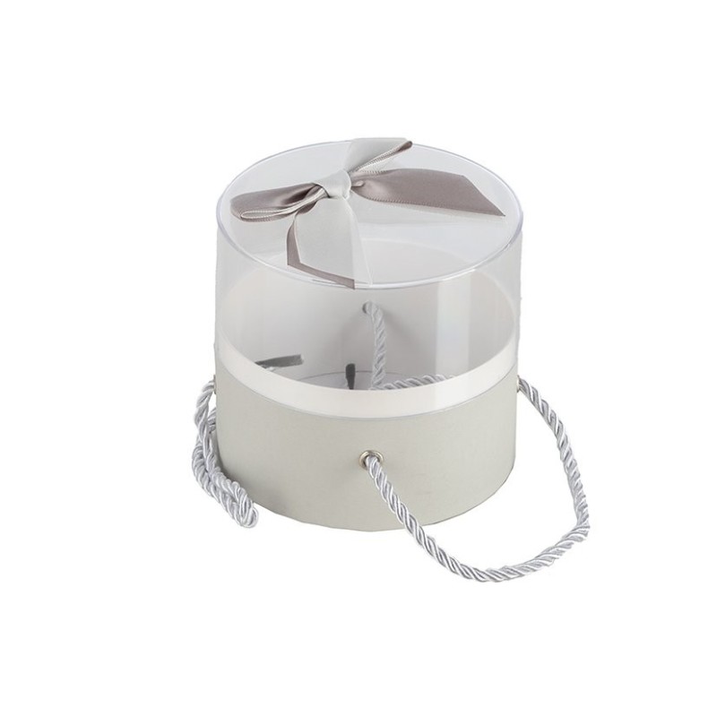 Boîte ronde en plexiglas avec nœud satin gris Ø12 5 H.11 5 cm - grossiste en boîtes à fleurs