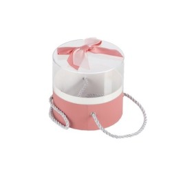 Boîte ronde en plexiglas avec nœud satin rose Ø12 5 H.11 5 cm - grossiste en boîtes à fleurs