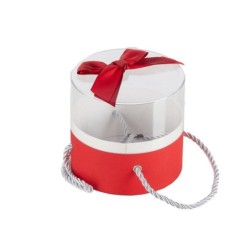 Boîte ronde en plexiglas avec nœud satin rouge Ø12 5 H.11 5 cm - grossiste en boîtes à fleurs