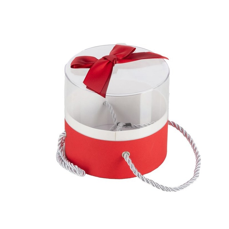 Boîte ronde en plexiglas avec nœud satin rouge Ø12 5 H.11 5 cm - grossiste en boîtes à fleurs
