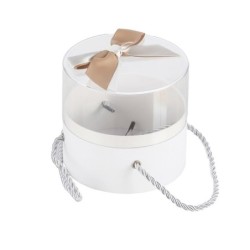 Boîte ronde en plexiglas avec nœud satin blanc Ø12 5 H.11 5 cm - grossiste en boîtes à fleurs