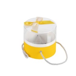 Boîte ronde en plexiglas avec nœud satin jaune Ø12 5 H.11 5 cm - grossiste en boîtes à fleurs