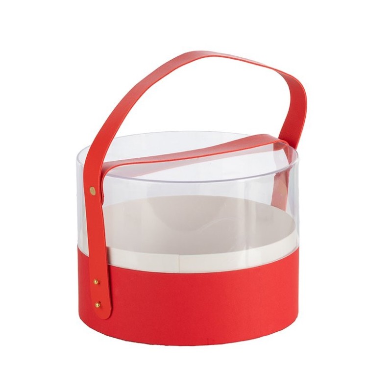 Boîte à fleurs ronde en plexiglas rouge avec anse Ø21 cm - vente en gros pour fleuristes