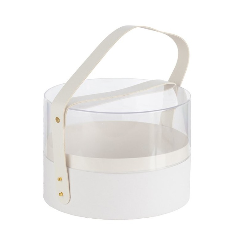 Boîte à fleurs ronde en plexiglas blanche avec anse Ø21 cm - vente en gros pour fleuristes