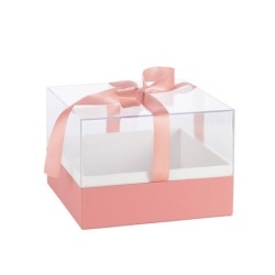 Boîte à fleurs carrée en plexiglas nœud satin rose 23 5 cm - grossiste en emballage fleuriste