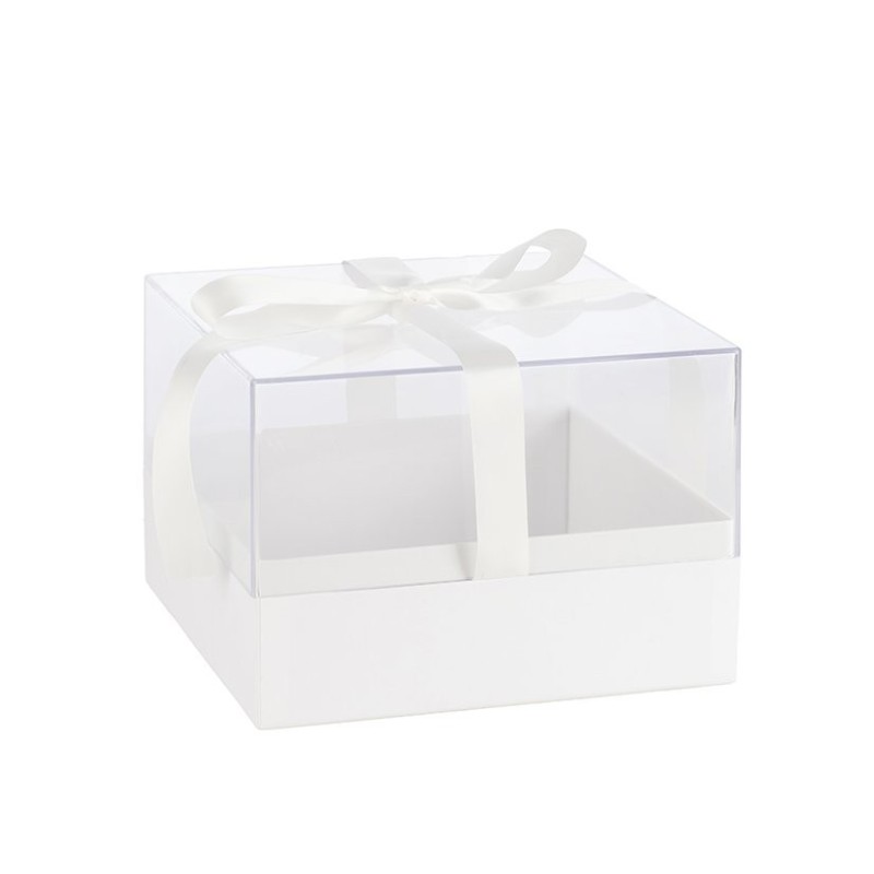 Boîte à fleurs carrée en plexiglas nœud satin blanc 23 5 cm - grossiste en emballage fleuriste