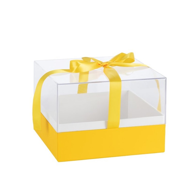 Boîte à fleurs carrée en plexiglas nœud satin jaune 23 5 cm - grossiste en emballage fleuriste
