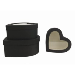 Set de 3 boîtes cœur en satin noir à couvercle transparent - grossiste en emballage fleuriste