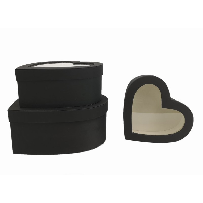Set de 3 boîtes cœur en satin noir à couvercle transparent - grossiste en emballage fleuriste