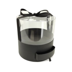 Boîte à fleurs ronde noire à couvercle transparent et nœud satin Ø22 cm - vente en gros pour fleuristes