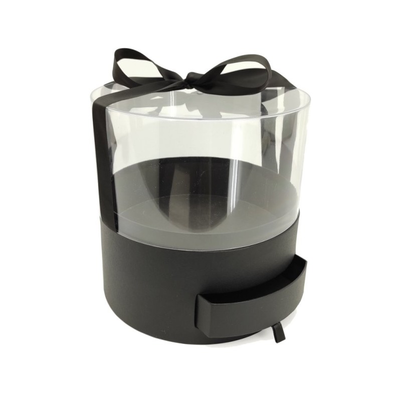 Boîte à fleurs ronde noire à couvercle transparent et nœud satin Ø22 cm - vente en gros pour fleuristes