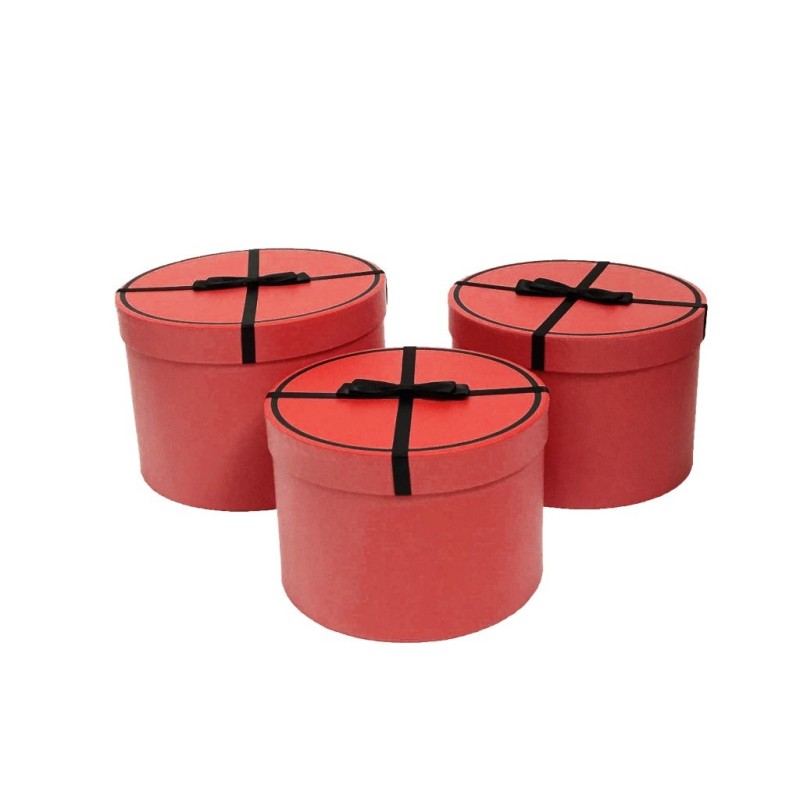 Set de 3 boîtes chapellières rouges couvercle smoking - vente en gros pour fleuristes