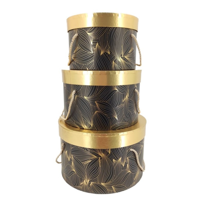 Set de 3 boîtes chapellières rondes noires couvercle or - vente en gros pour fleuristes