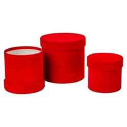 Set de 3 boîtes en velours rouge  petite Ø13 5 H.12 5 cm et grande Ø19 H.17 5 cm - grossiste en emballage fleuriste