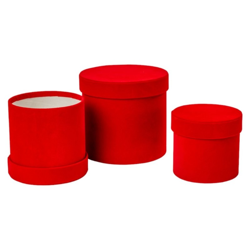 Set de 3 boîtes en velours rouge  petite Ø13 5 H.12 5 cm et grande Ø19 H.17 5 cm - grossiste en emballage fleuriste