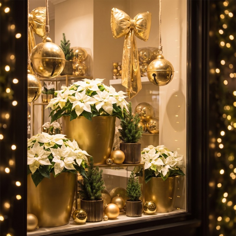 Vitrine de Noël dorée : cache-pots or, boules, nœuds géants et grelots – grossiste en décoration de Noël
