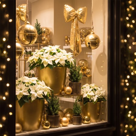 Vitrine de Noël dorée : cache-pots or, boules, nœuds géants et grelots – grossiste en décoration de Noël