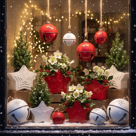 Vitrine de Noël rouge et blanc : cache-pots étoiles et boules grelots en métal – décoration de Noël en gros