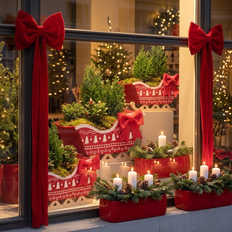 Vitrine de Noël rouge : jardinières, luges en feutre et nœuds en velours – vente en gros pour fleuristes