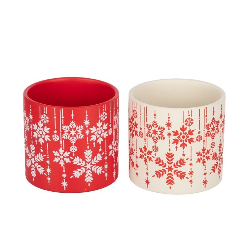 Cache-pot de Noël flocons de neige en terre cuite Ø13,5 H.12,5 cm - 2 couleurs assorties – déco Noël en gros