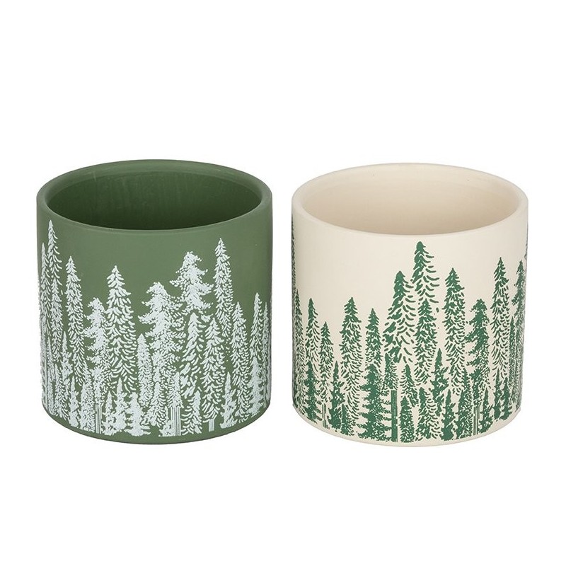 Grand cache-pot de Noël motif sapins en terre cuite Ø16,5 H.15 cm - 2 couleurs assorties – déco Noël en gros
