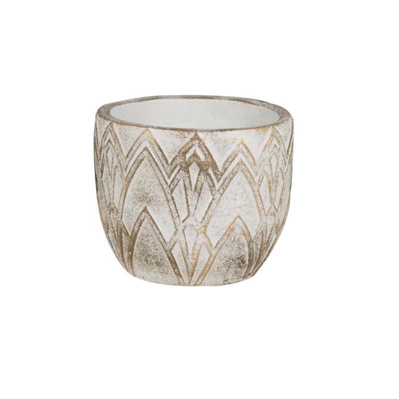 Cache-pot arrondi décor art déco blanc et or Ø14,5 H.12 cm – décoration de Noël pour vitrine de commerçant, vente en gros