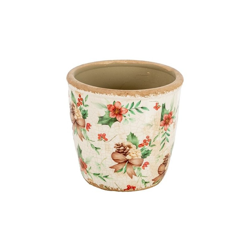 Cache-pot de Noël craquelé houx et pommes de pin en céramique Ø14,5 H.13,5 cm – grossiste en déco de Noël