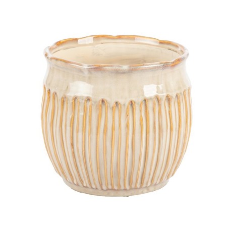 Cache-pot à rayures beige en céramique Ø14,5 H.13,5 cm – grossiste en déco de Noël