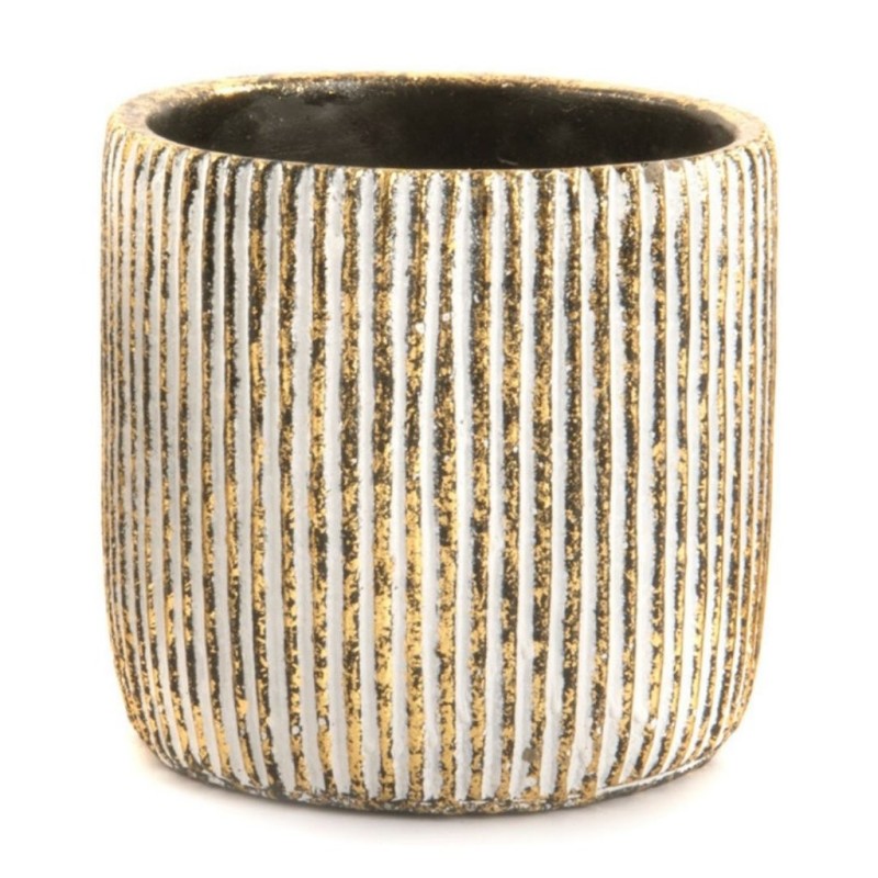Cache-pot cylindre rayé noir et or en ciment Ø14 H.14 cm – décoration de Noël pour vitrine de commerçant, vente en gros