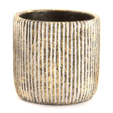 Cache-pot cylindre rayé noir et or en ciment Ø14 H.14 cm – décoration de Noël pour vitrine de commerçant, vente en gros