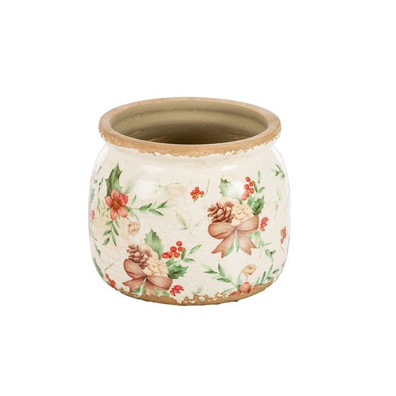 Pot boule de Noël craquelé houx et pommes de pin en céramique Ø16 H.13 cm – grossiste en déco saisonnière
