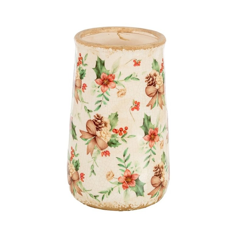 Vase haut de Noël craquelé houx et pommes de pin en céramique Ø14,5 H.23 cm – grossiste en déco de Noël