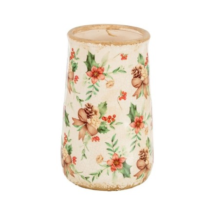 Vase haut de Noël craquelé houx et pommes de pin en céramique Ø14,5 H.23 cm – grossiste en déco de Noël