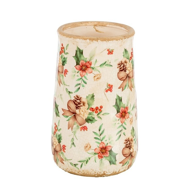 Vase haut de Noël craquelé houx et pommes de pin en céramique Ø15,5 H.27,5 cm – déco Noël en gros