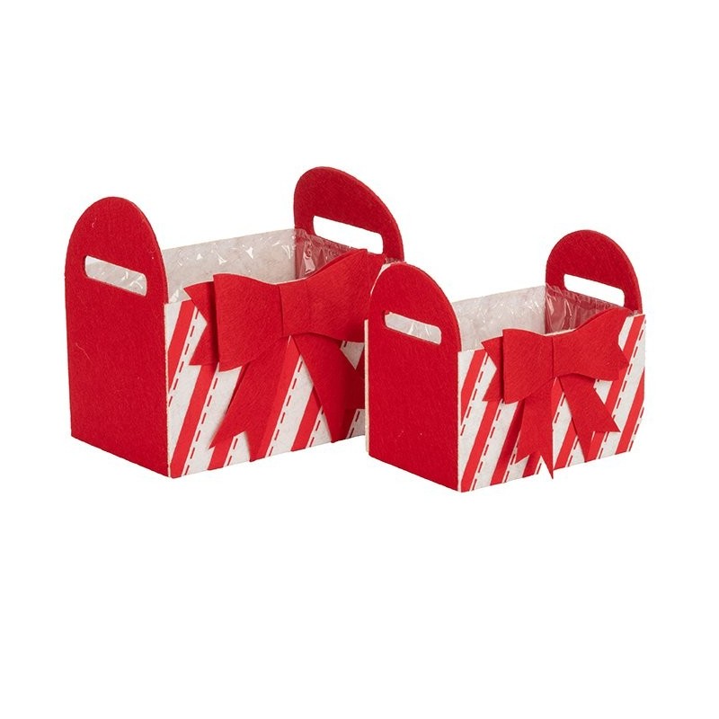 Set de 2 bacs de Noël en feutre rayé rouge avec anses, petit 16 x 10,5 H.14 cm et grand 19,5 x 12,5 H.17,5 cm