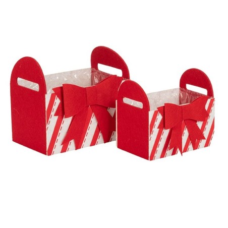 Set de 2 bacs de Noël en feutre rayé rouge avec anses, petit 16 x 10,5 H.14 cm et grand 19,5 x 12,5 H.17,5 cm
