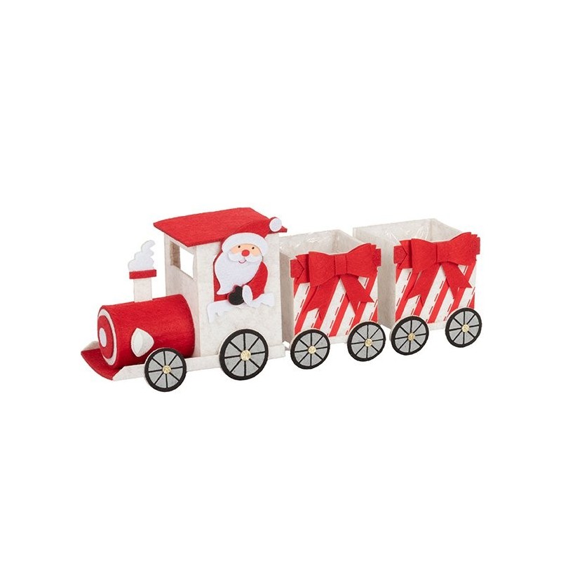 Train de Noël porte-pot 2 wagons en feutre rouge et blanc avec Père Noël 34 x 8,5 H.14 cm – déco Noël en gros
